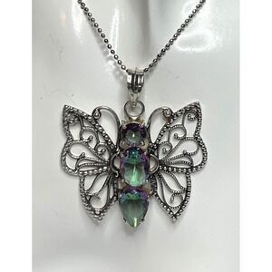 BUTTERFLY 925 Faux Faceted MYSTICFIRE PENDANT Stainless Steel 24"Chain FILLAGREE